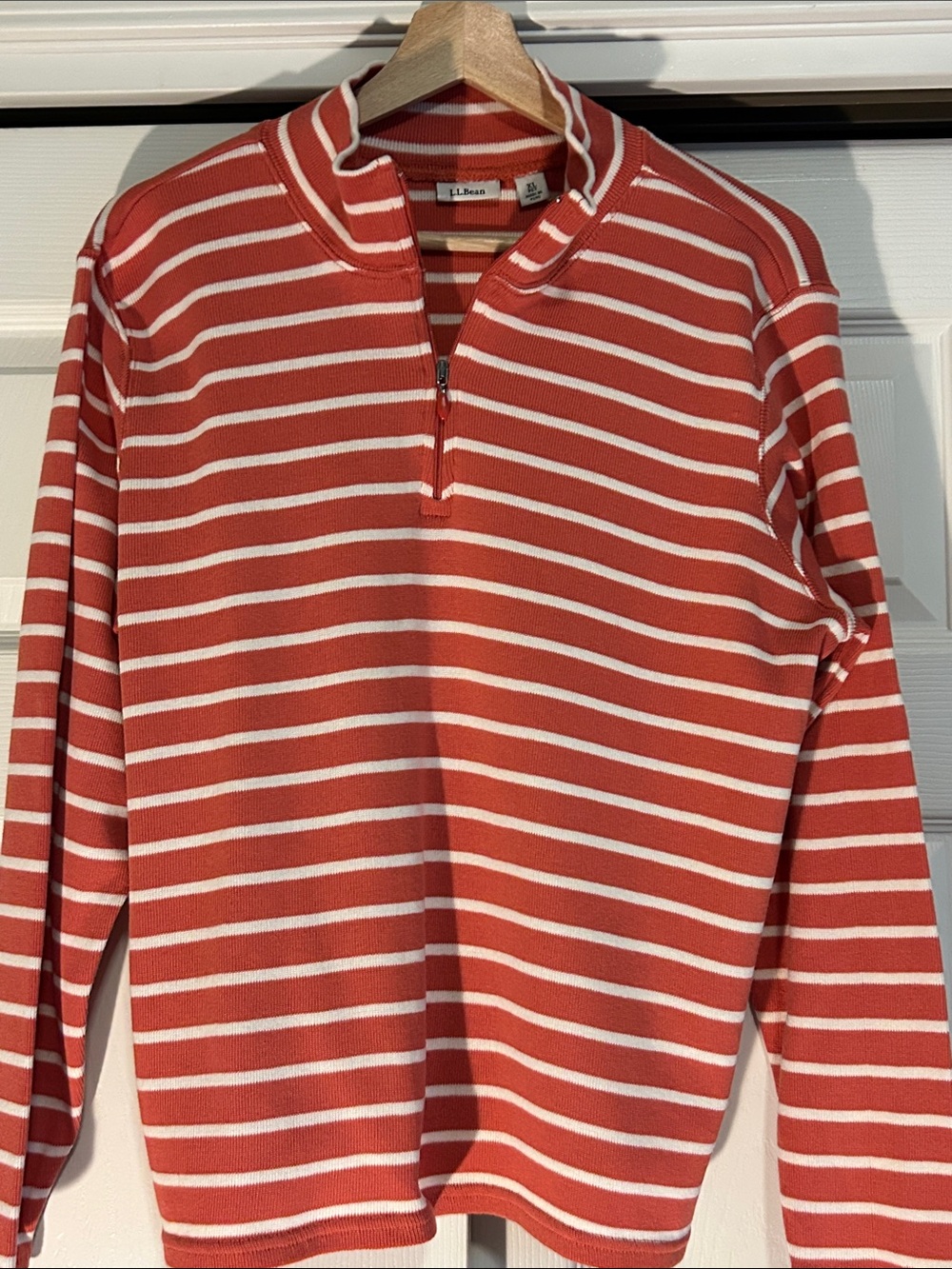 L.L. Bean Coral & White Striped Half-Zip Pullover Size XL Petit 100% Cotton